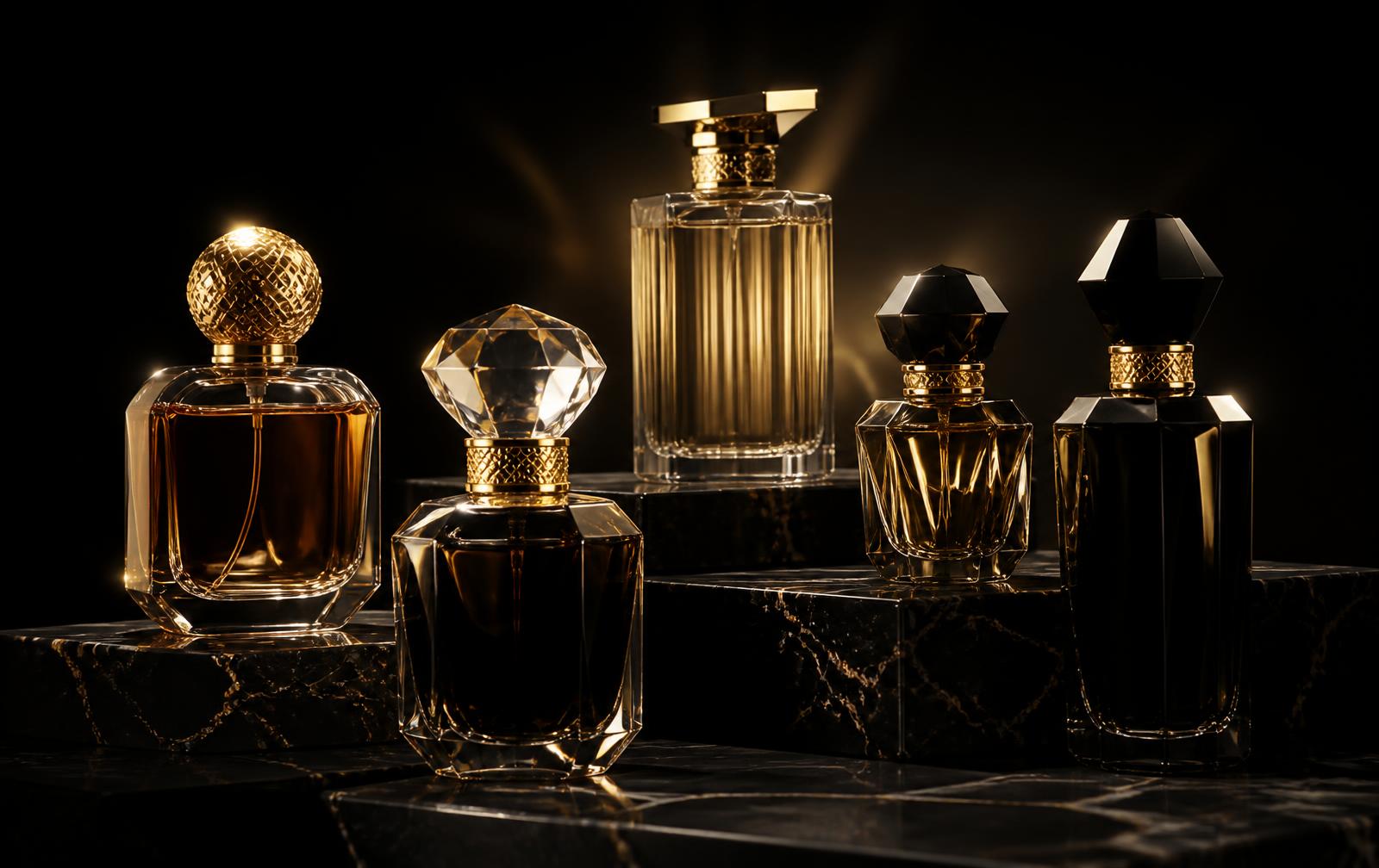 Flacons de parfums de luxe sur marbre noir